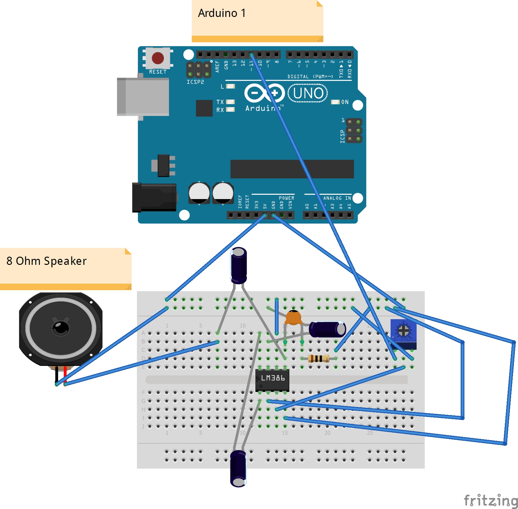 Speaker and amplifier breadboard view